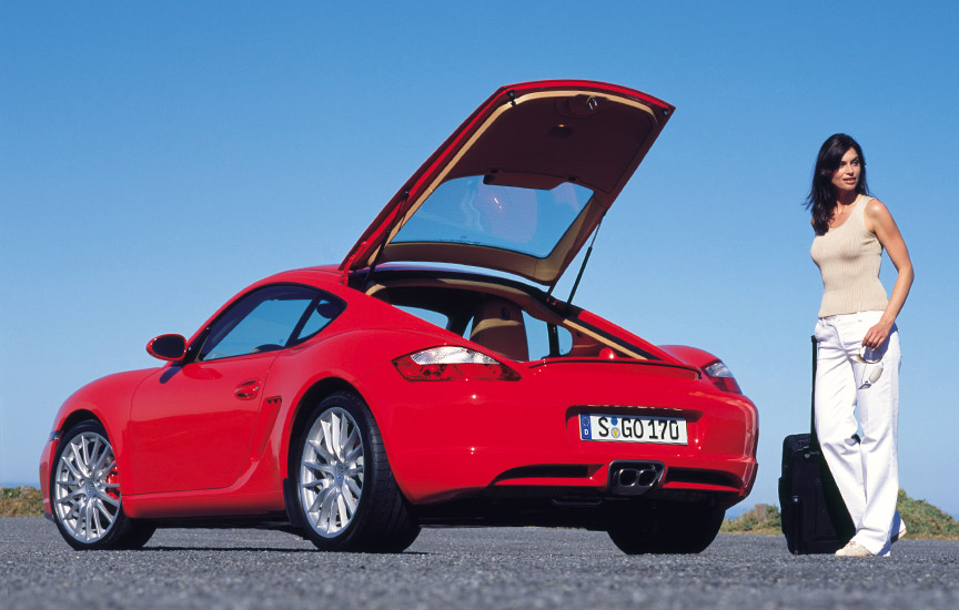 Red Porsche Cayman 987.1 with rear hatch open