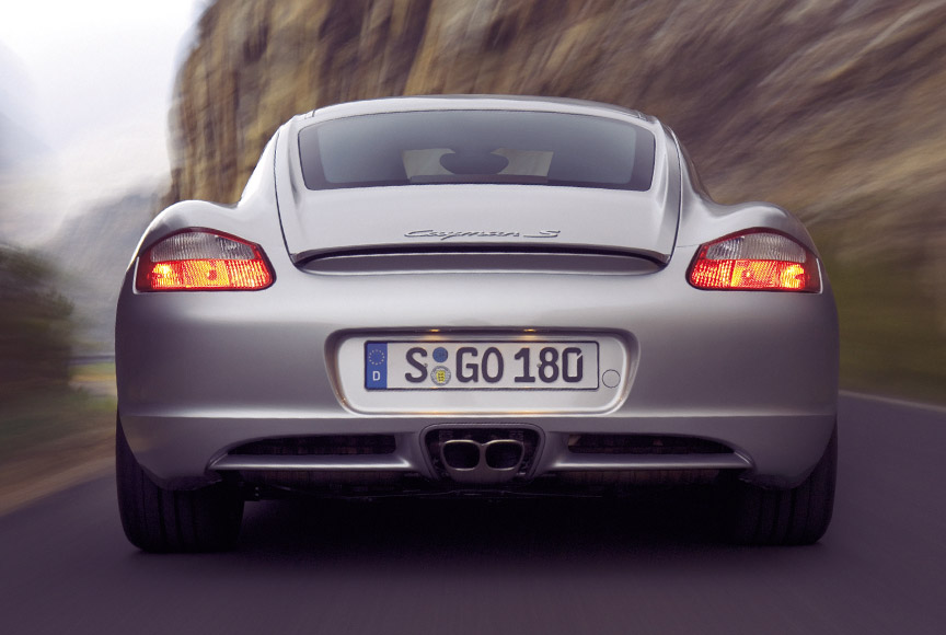 Silver Porsche Cayman 987.1, rear view