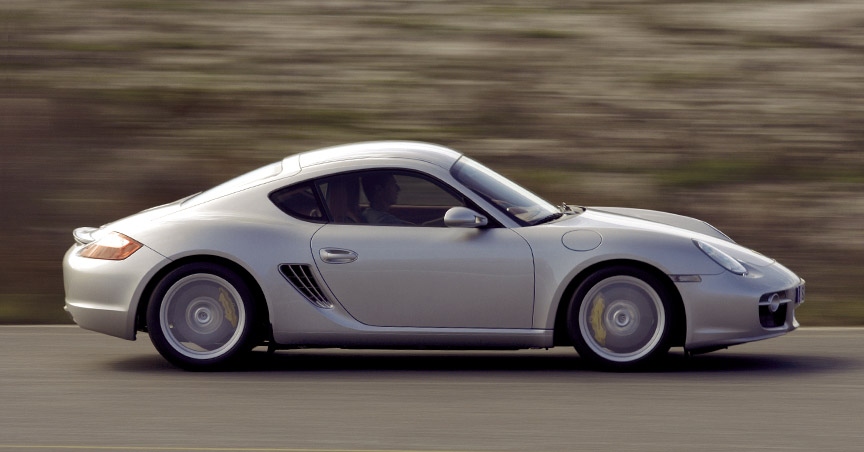 Silver Porsche Cayman 987.1, side view