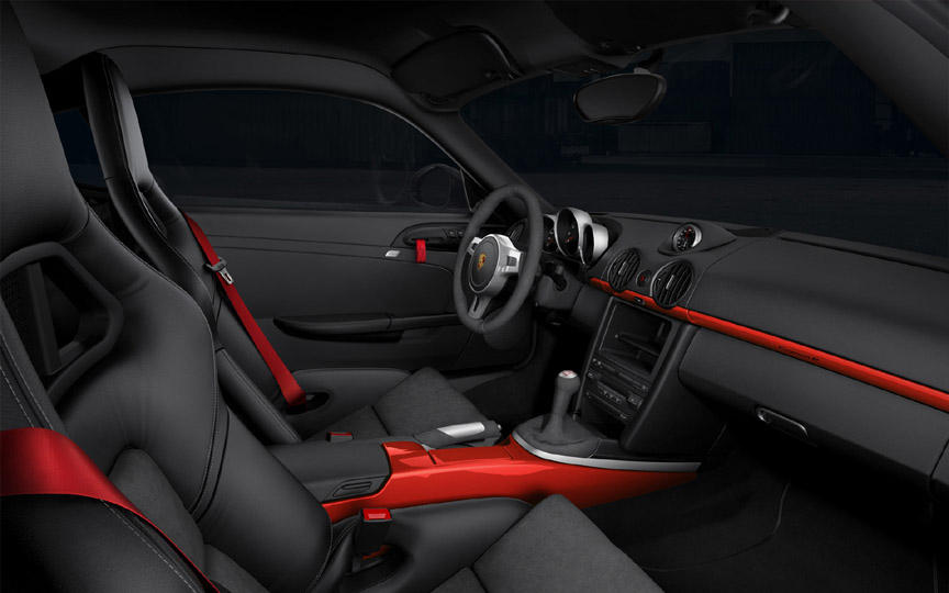 Porsche Cayman R interior with red contrast