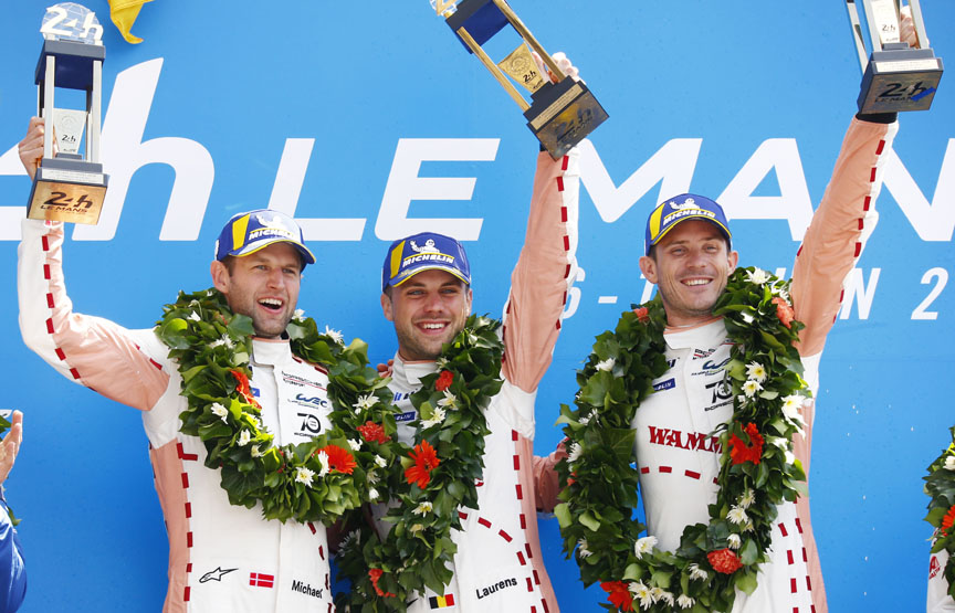 2018 Le Mans 24h GTE Pro winners Michael Christensen, Laurens Vanthoor, Kevin Estre