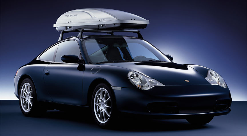 Porsche 911 996 Carrera 3.6 (facelift) coupe with roof rack and cargo box
