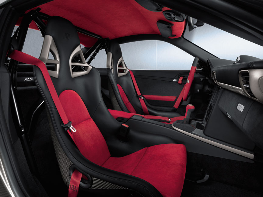 Porsche 911 997 GT2 RS interior, bucket seats, roll cage, red ceiling