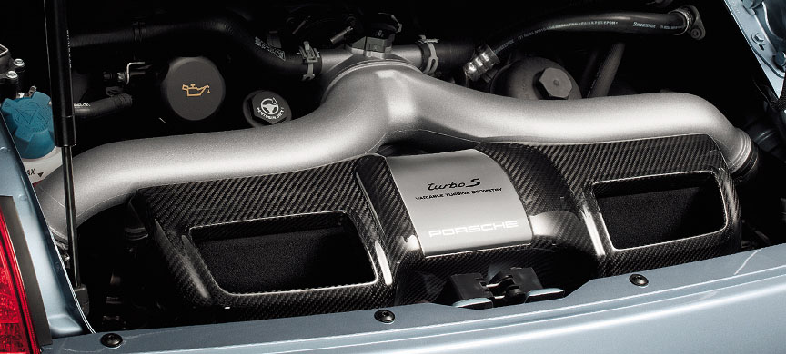 Porsche 911 997 Turbo S engine room, carbon fibre air box