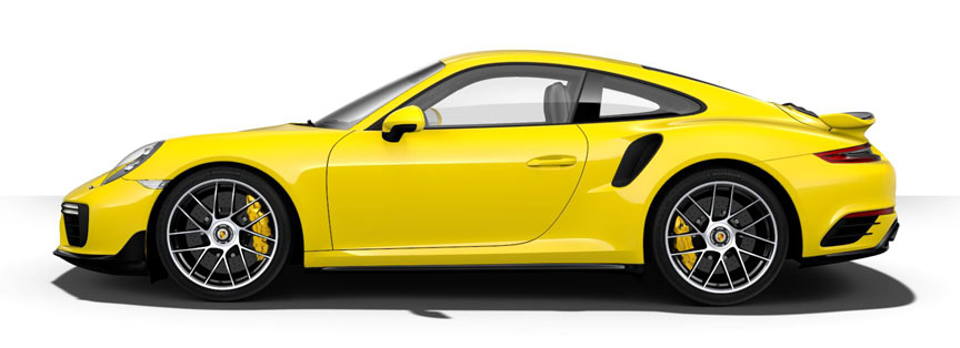 Yellow Porsche 911 991.2 Turbo S with aerokit (in black)