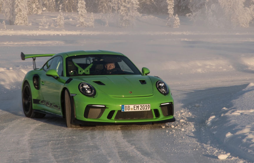 Walter Röhrl with Porsche 911 991.2 GT3 RS on ice and snow