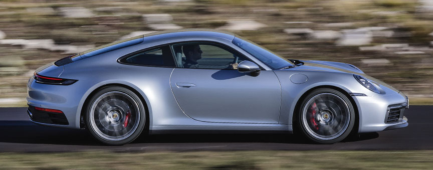 Silver Porsche 911 992 (2020 model), side view,