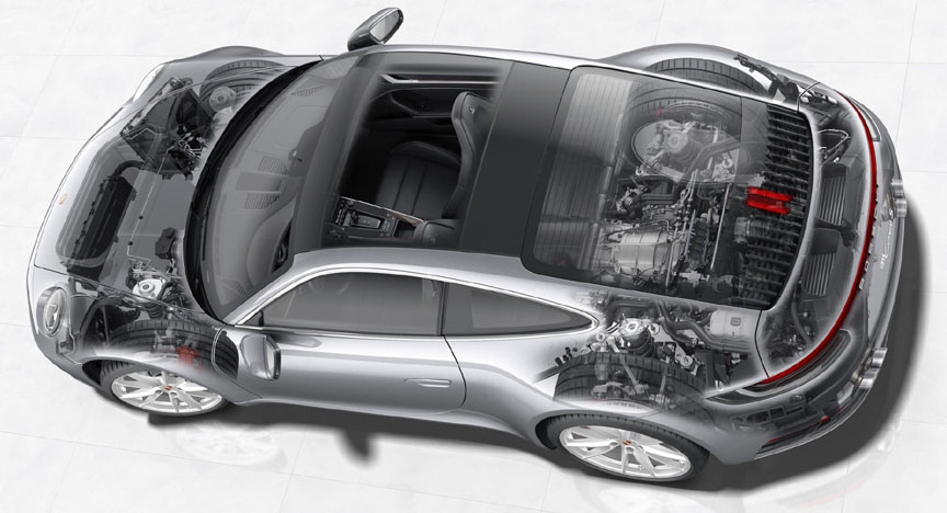 Porsche 911 992 Carrera cutaway drawing