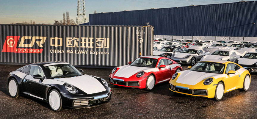 Porsche transport to China by rail (911 992 Carrera and other Porsches)