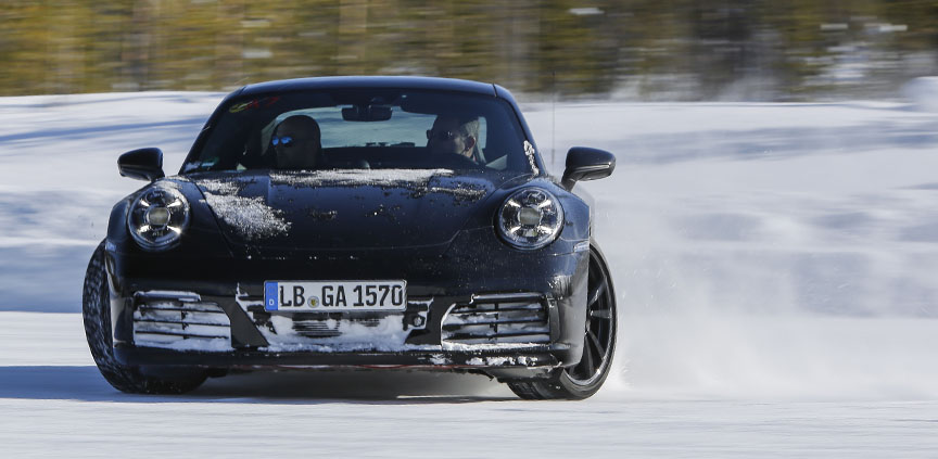 Porsche 911, model year 2019 (992-generation) prototype, sliding on snow test course