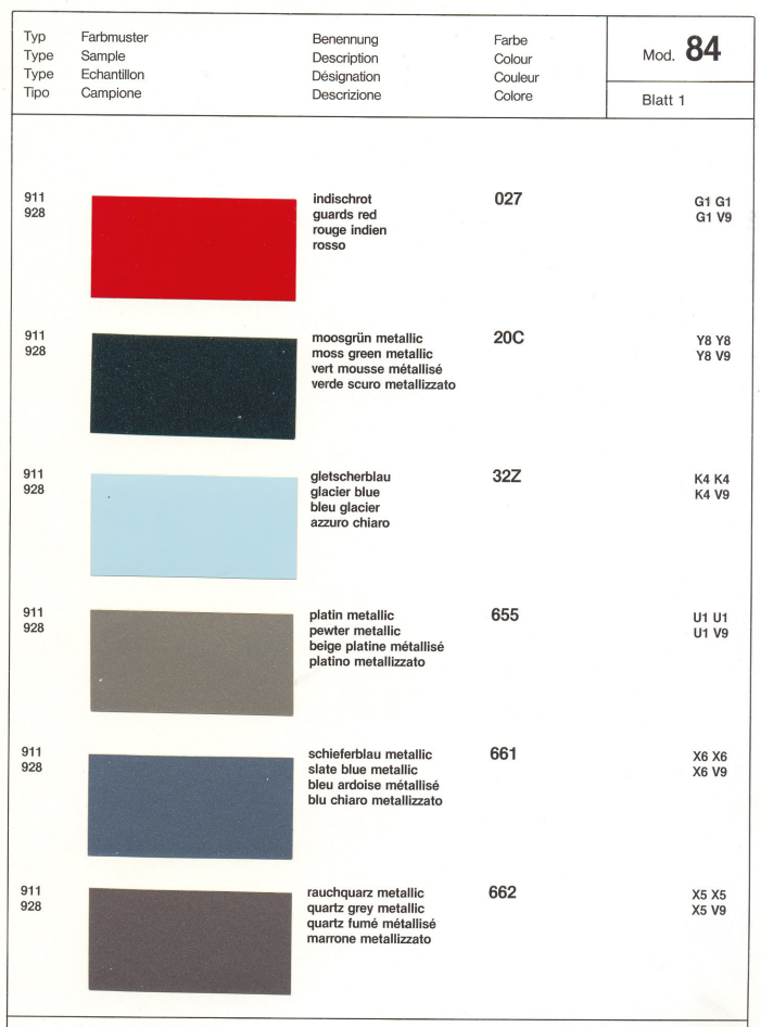 Porsche 911 G Color Charts & Paint Colors (1984)