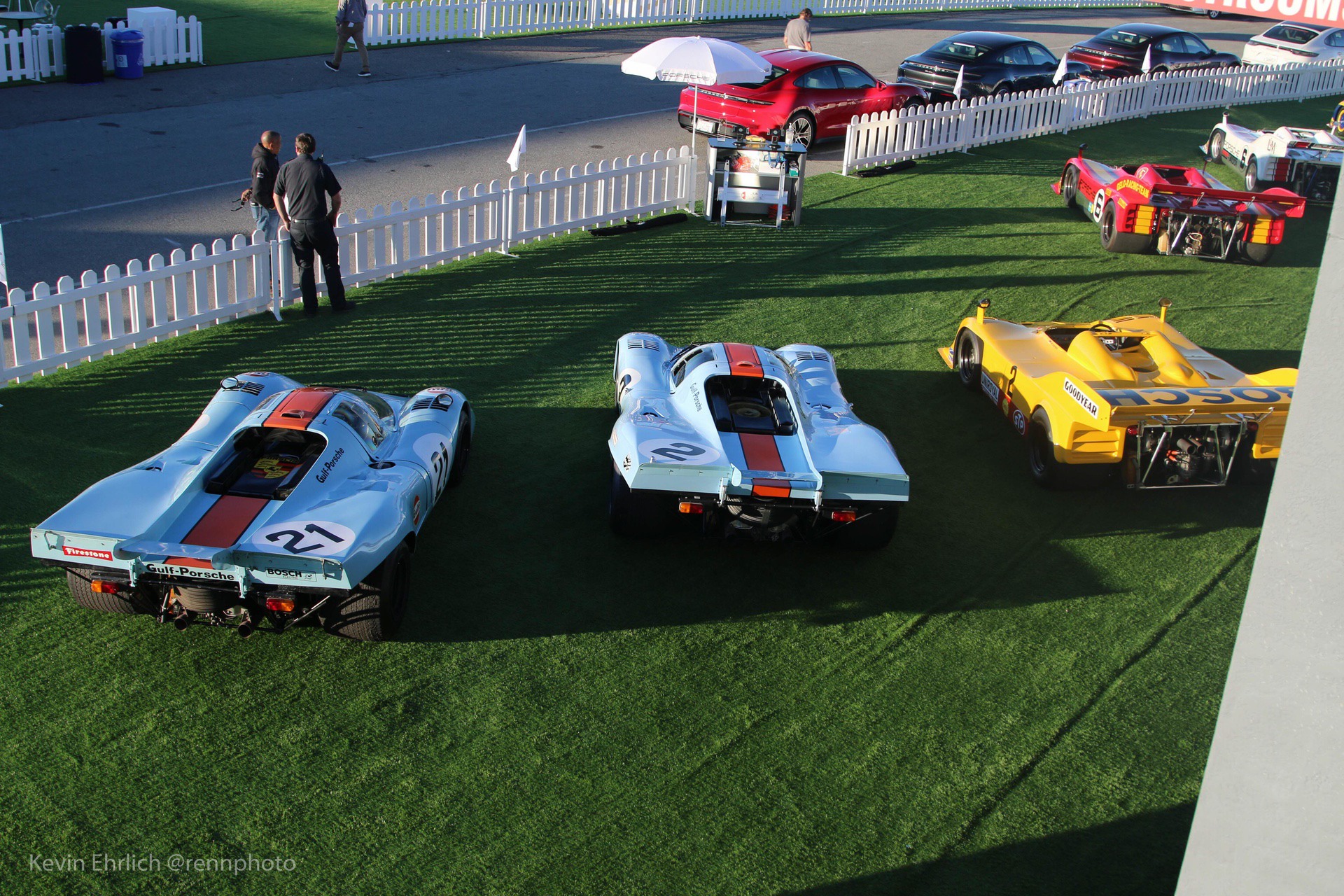 Different Porsche 917 cars parked on grass for Velocity Invitational