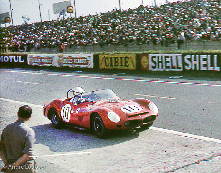 Roger Penske leaving the pits in a Ferrari 330
