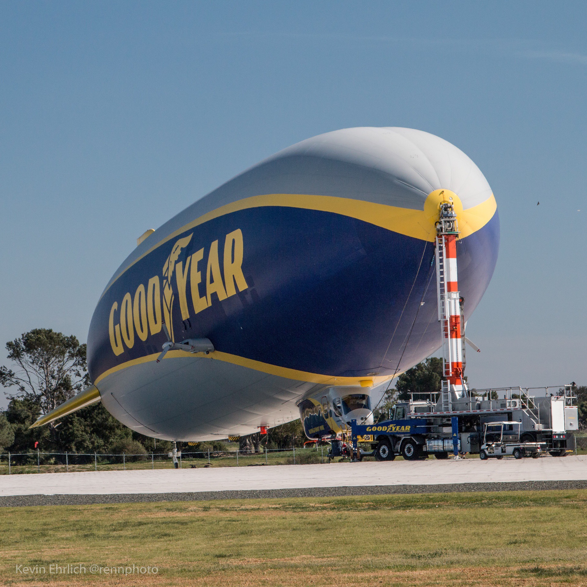 Goodyear blimp moored to docking mast during 2022 Lit Show in LA