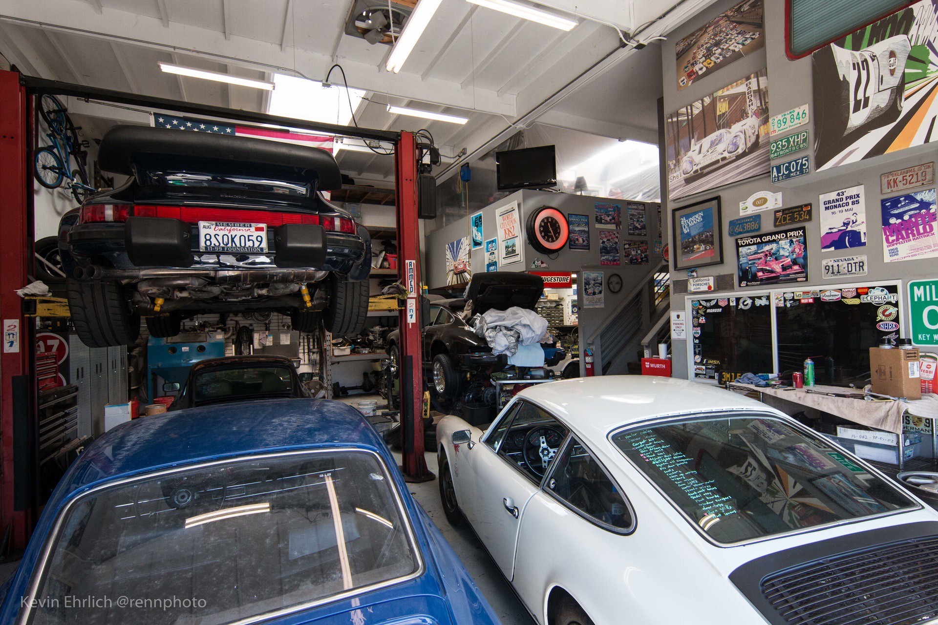 Cars in workshop at California Porsches during 2022 Lit Show weekend in LA