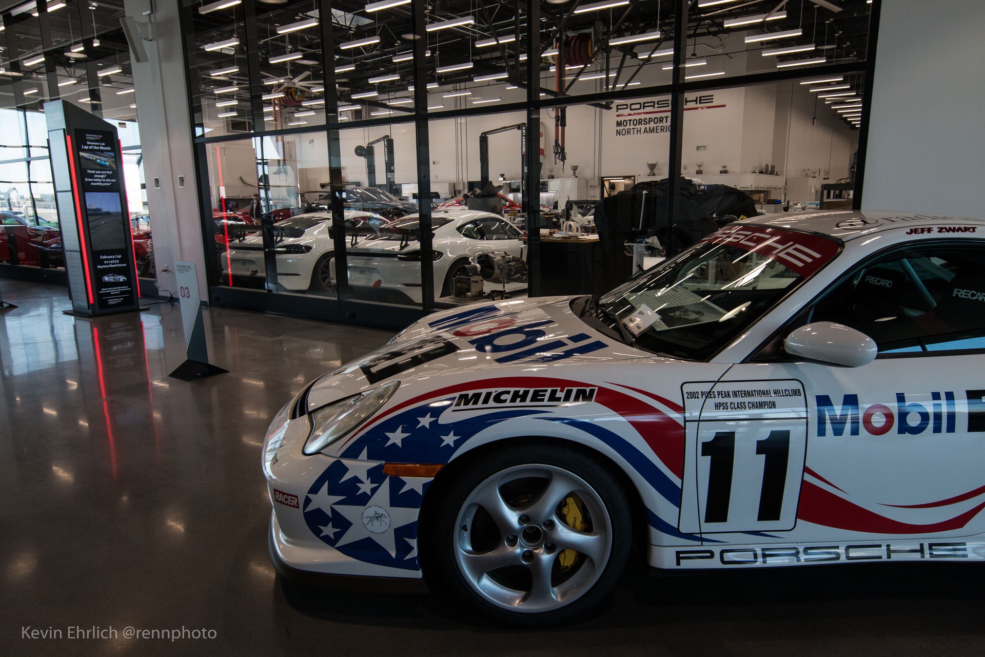 2002 Porsche GT2 on display in Porsche Motorsport North America workshop
