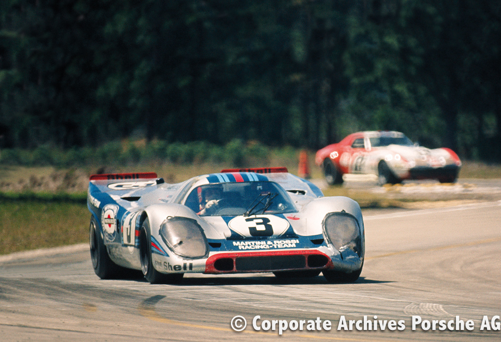 Vic Elford (driving) and Gérard Larrousse drove the #3 Martini Porsche 917 KH