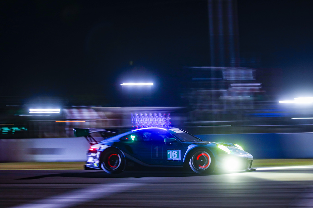 #16 Porsche on track at Sebring 2022 at night
