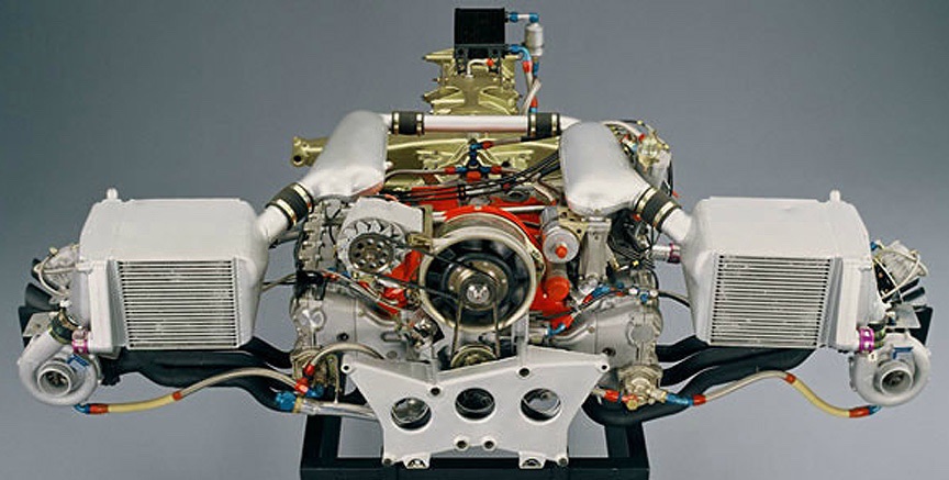 The modified 935/76 engine that powered the 956. You can see the combination intercooler/radiator blocks on either side of the main engine block.