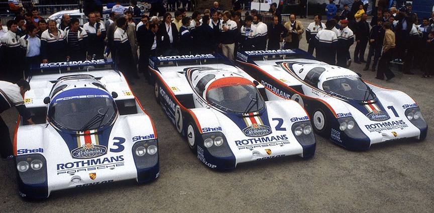 The 1982 Le Mans winning 956s. You can see the inverted aerofoil shape at the front between the headlights for the ground effects, and the radiator/intercooler ducts on either side of the cockpit.