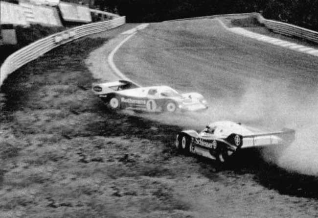 A spectator’s photo, hoping to catch the 962C and 956 racing through Radillon, instead capturing the instant after the two cars touched. Ickx’s 962C has already spun, but you can see Bellof’s 956 headed directly towards the barrier at nearly 150 MPH.