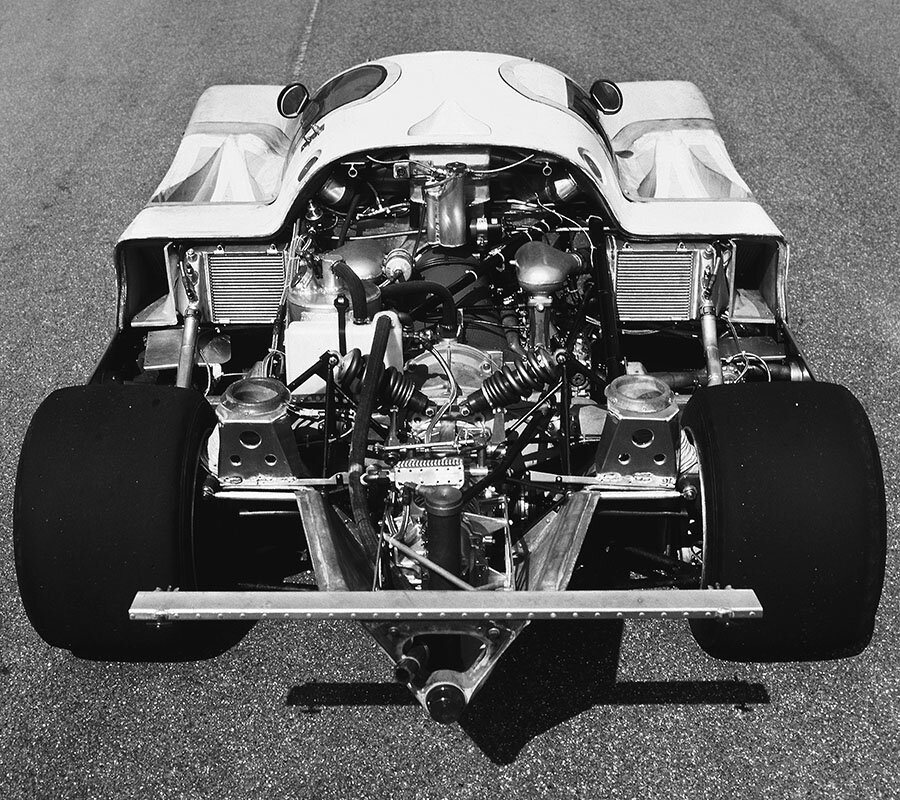 A 1982 956 Group C with the rear bodywork removed, showing the engine and how it was nestled into the car.