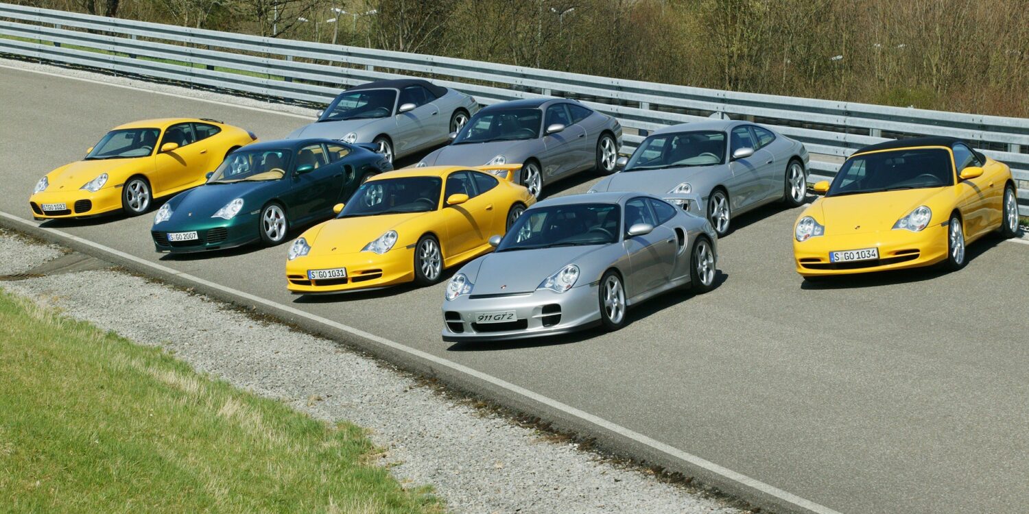 Complete Porsche 996 range in 2004 parked on road