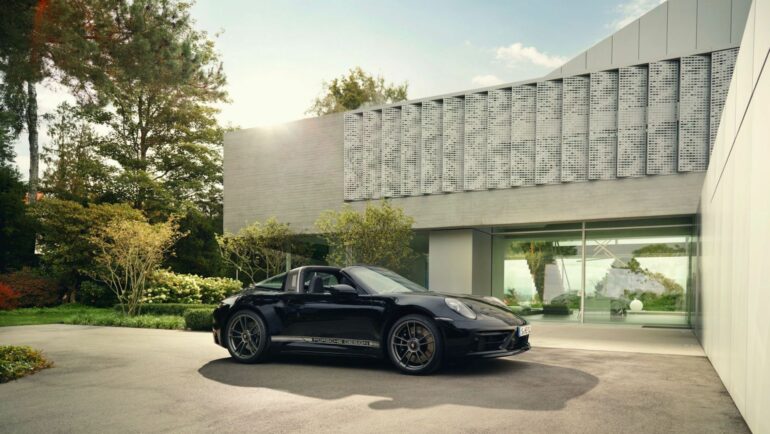 2022 Porsche Type 992 911 Targa 4 50th Anniversary Edition outside of Porsche Design in Zell am See, Austria.