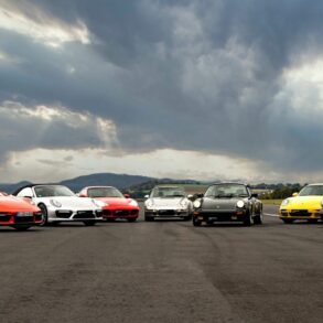 Porsche 911 cars in different colors parked outside on road