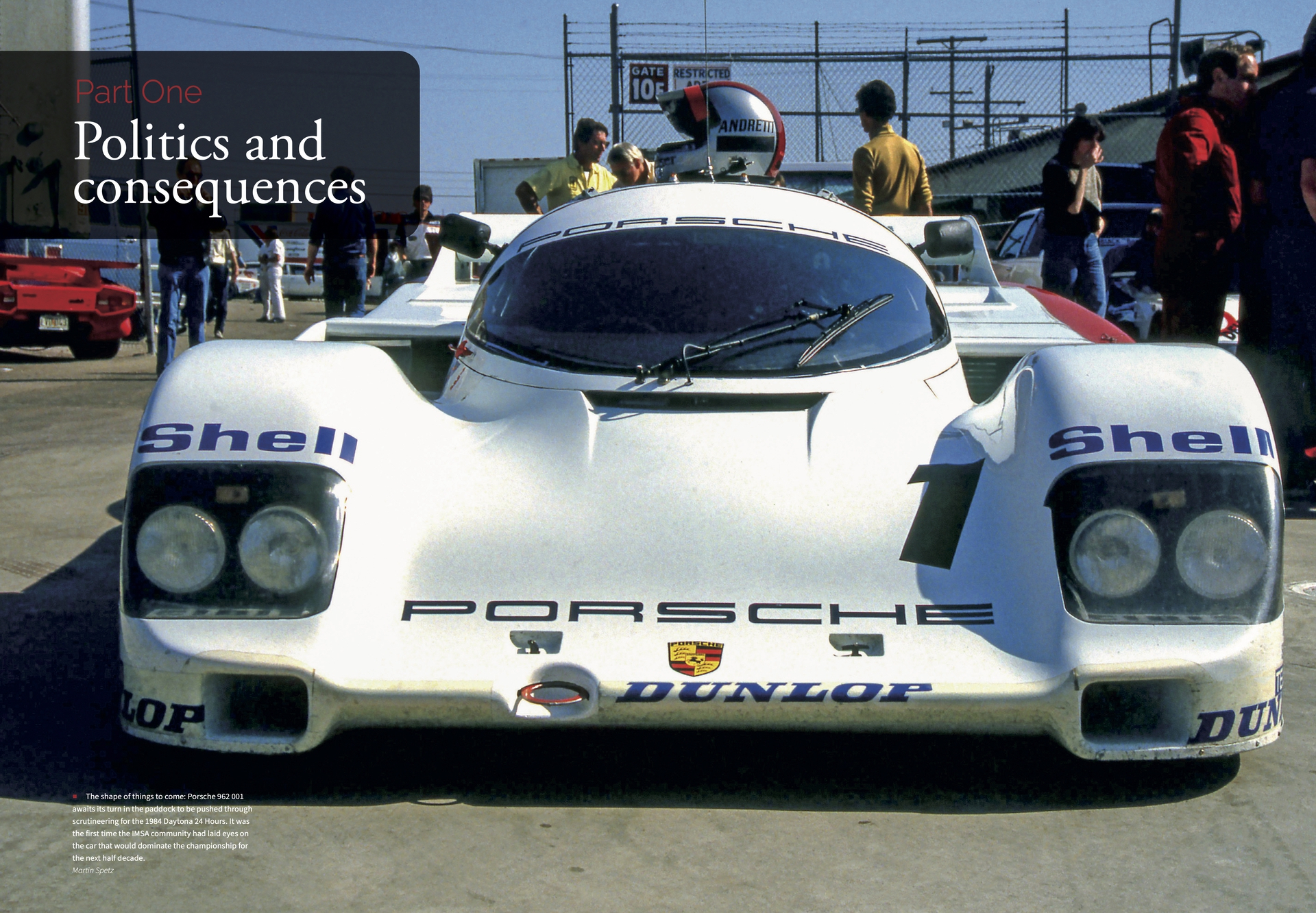 Page from Ultimate Works Porsche 962 - The Definitive History featuring Politics and Consequences section
