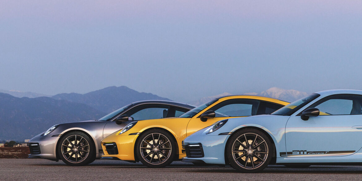 Various colors of Porsche 911 models.