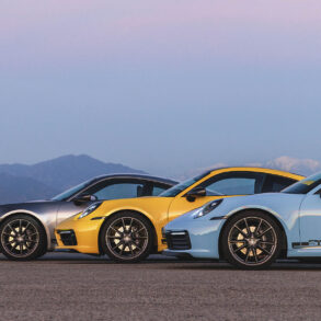 Various colors of Porsche 911 models.