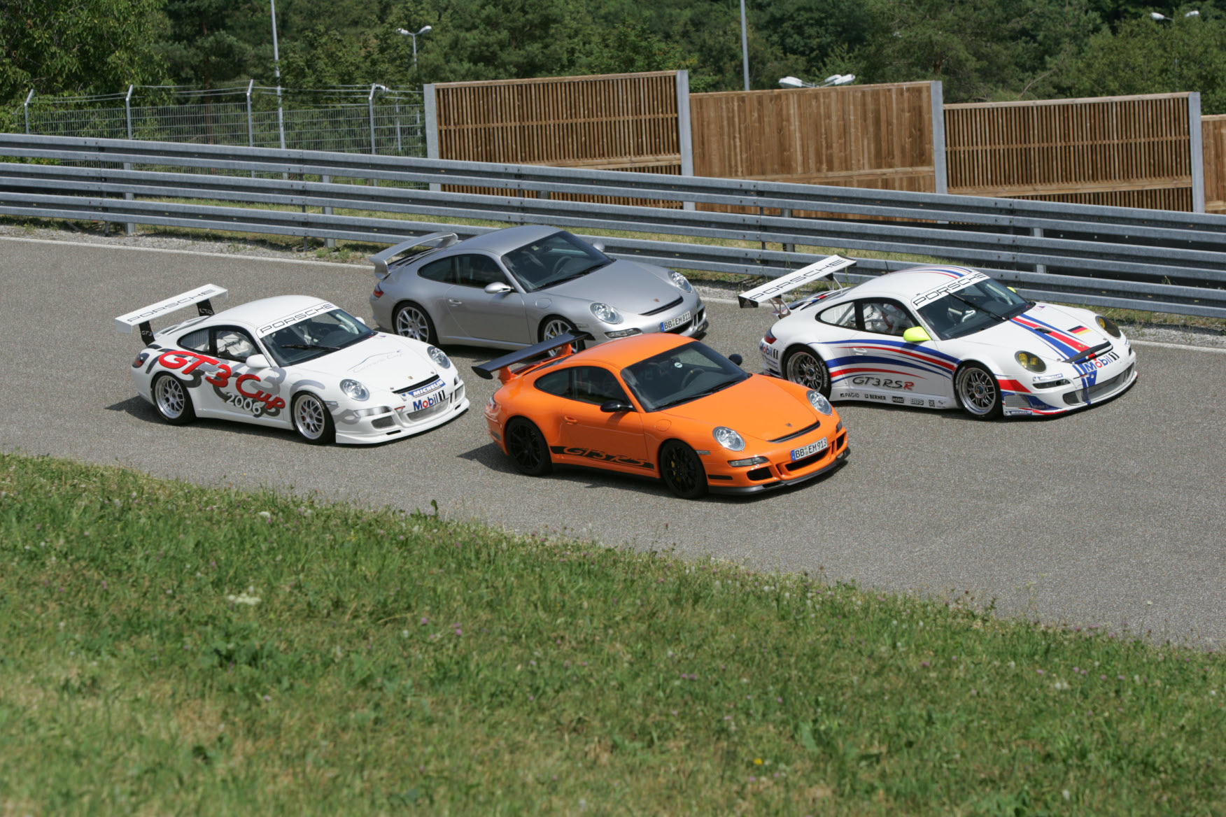 The Type 997 GT3 family, from left to right: GT3 Cup Race Car, GT3, GT3 RS, and GT3 RSR Endurance Race Car