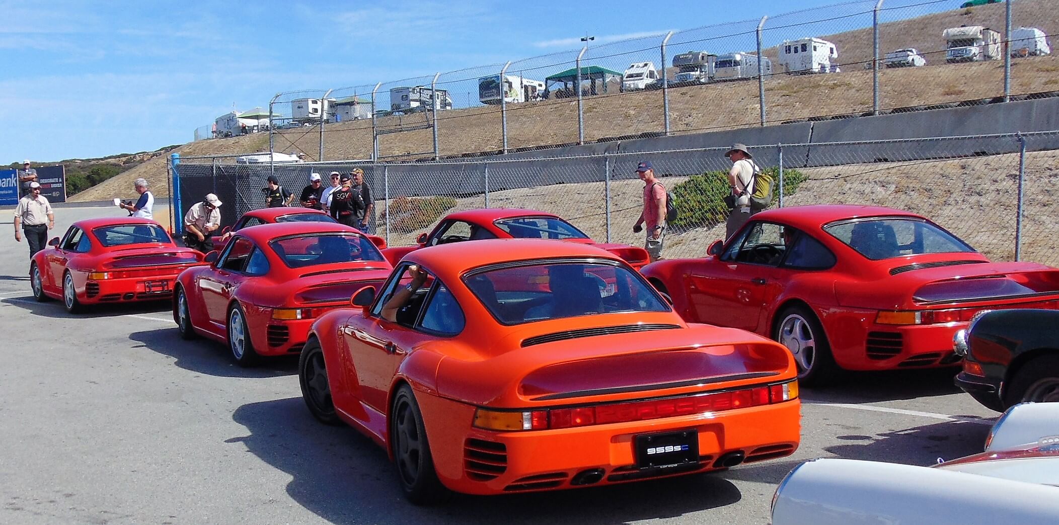 At least 9 Porsche 959's waiting to head out onto Laguna Seca's track for their parade laps