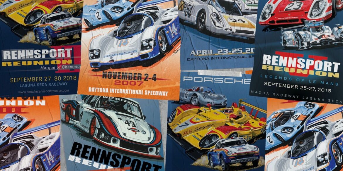 Previous Rennsport Reunion posters collaged together to make the RR7 announcement poster