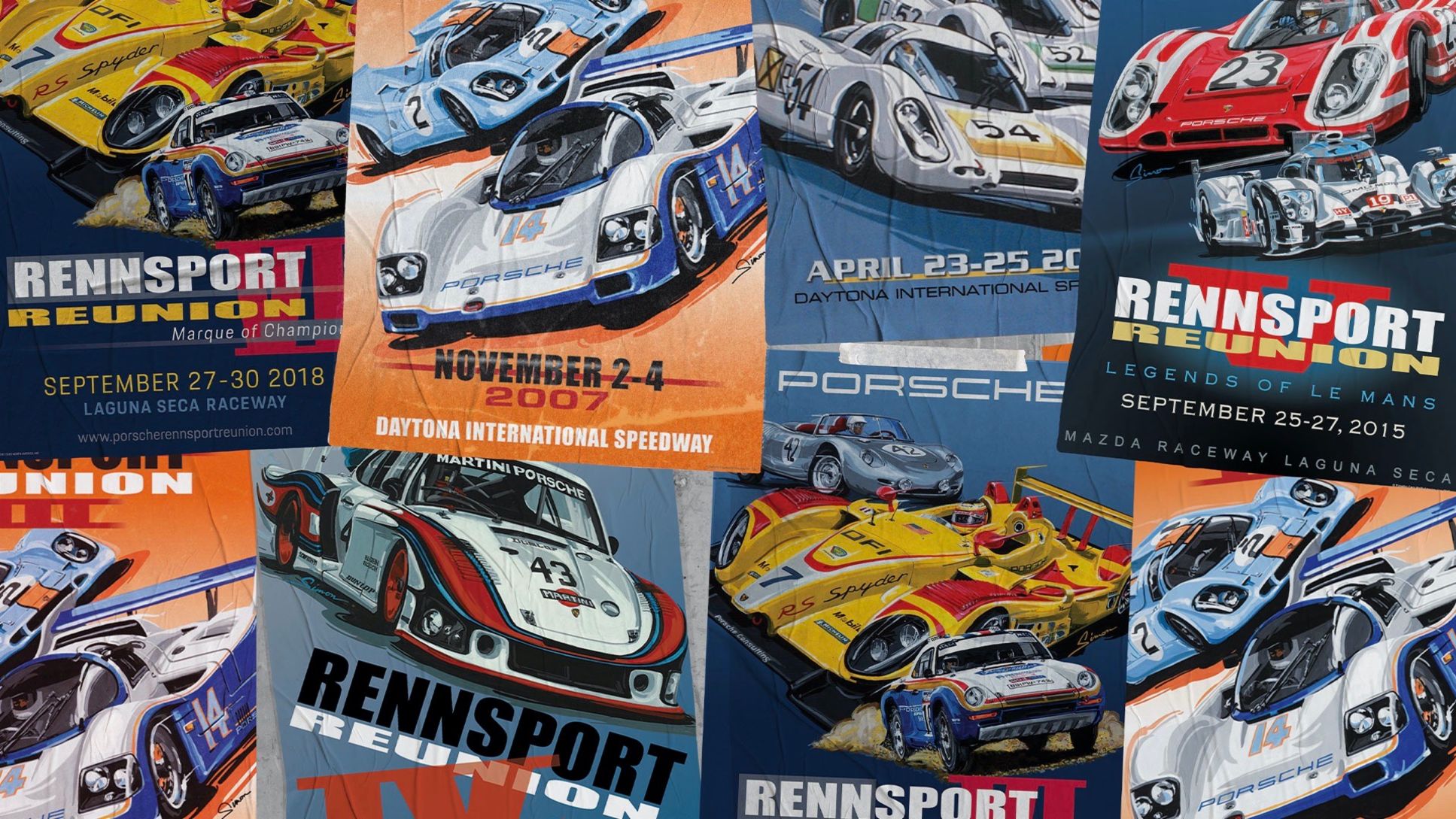 Previous Rennsport Reunion posters collaged together to make the RR7 announcement poster