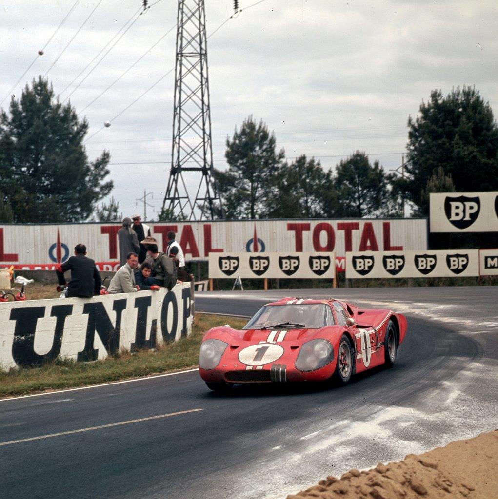 The winning Ford MK 4 of Gurney and Foyt at Mulsanne corner at Le Mans in 1967.