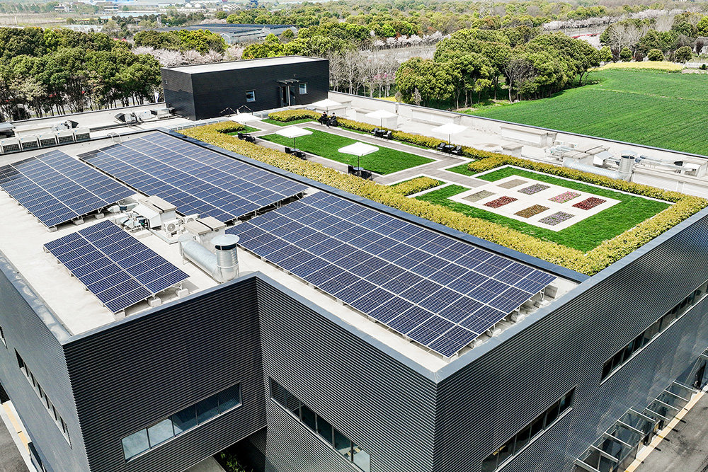 solar array on the roof of a porsche center