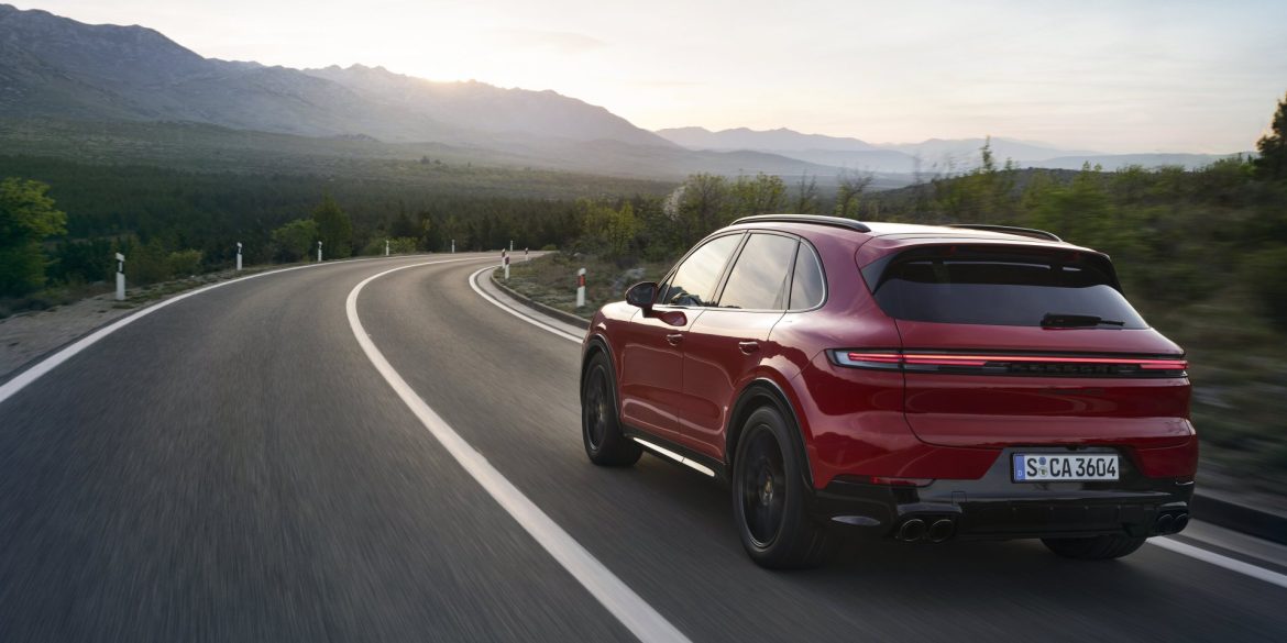 Rear view of a 2024 red Porsche Cayenne GTS
