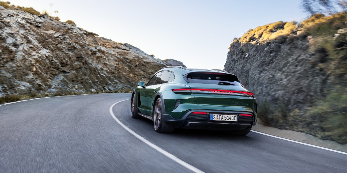 Rear view of a 2025 Porsche Taycan Turbo Cross Turismo