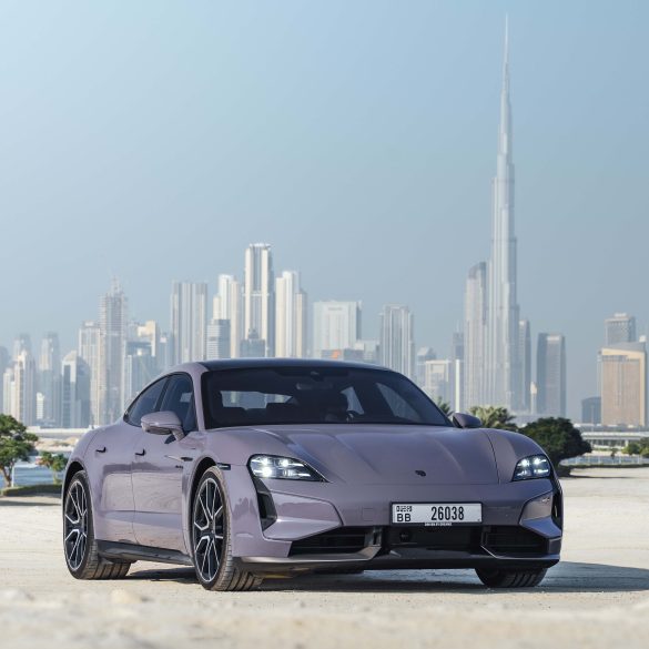 Three-quarter view of a 2025 Porsche Taycan Turbo S