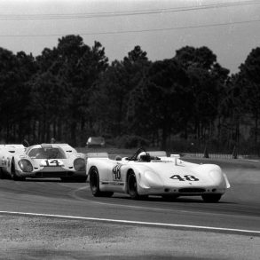 Sebring 12 Hours, 21 March 1970: Here the Steve McQueen/Peter Revson No. 48 Porsche 908/02 K Flunder is chased by big brother, the No. 14 Porsche 917 K of Jo Siffert/Brian Redman/Leo Kinnunen. The 908/02 finished second while the 917 was a NRF. © Corporate Archives Porsche AG
