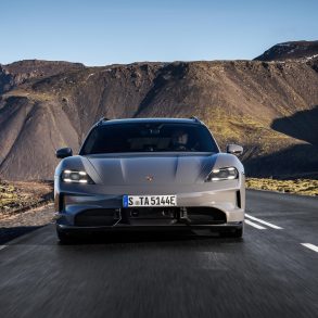 Front view of a 2025 Porsche Taycan turbo