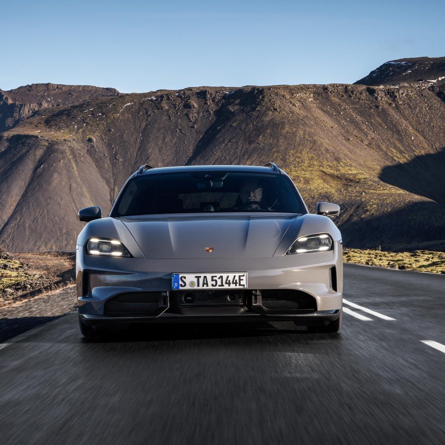 Front view of a 2025 Porsche Taycan turbo