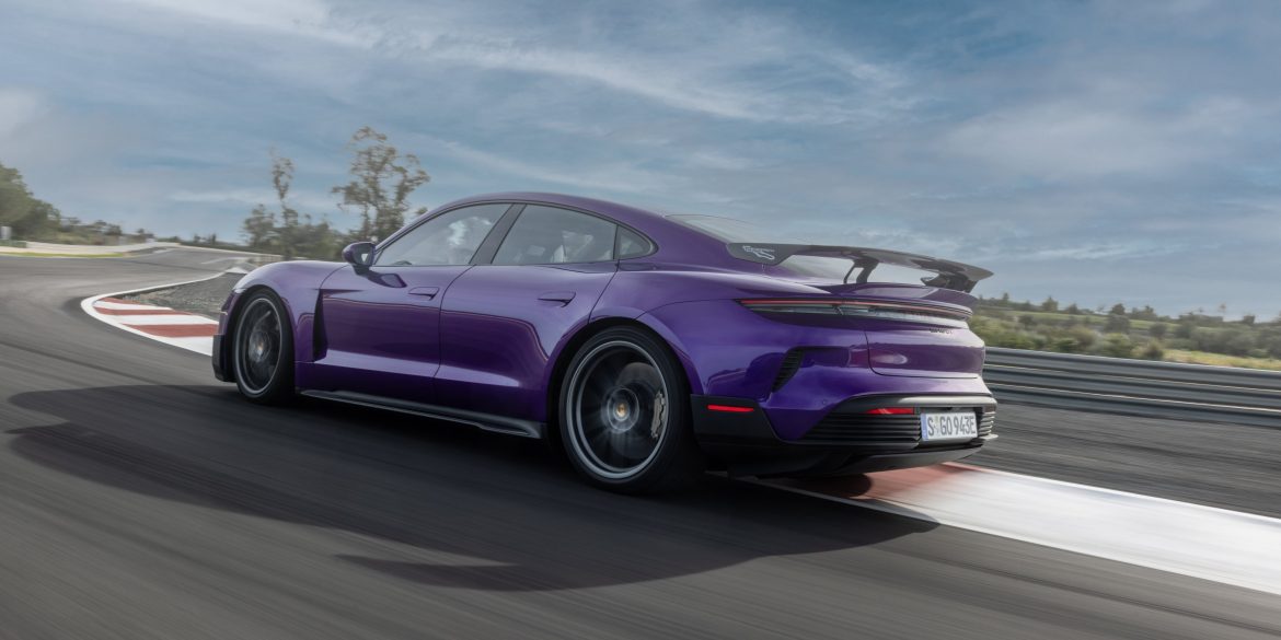 Three-quarter rear view of a 2025 Porsche Taycan Turbo GT with Weissach Package