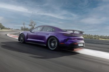 Three-quarter rear view of a 2025 Porsche Taycan Turbo GT with Weissach Package