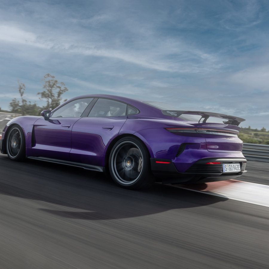 Three-quarter rear view of a 2025 Porsche Taycan Turbo GT with Weissach Package