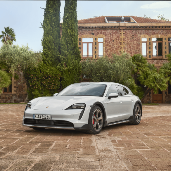 3/4 view of a 2025 white Porsche Taycan 4 Cross Turismo