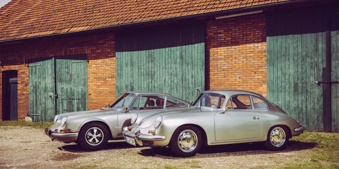 Silver Porsche 356 and 912 side by side