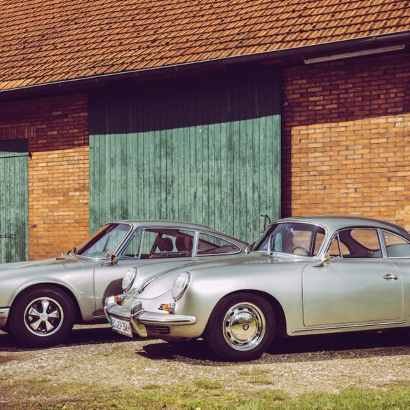 Silver Porsche 356 and 912 side by side